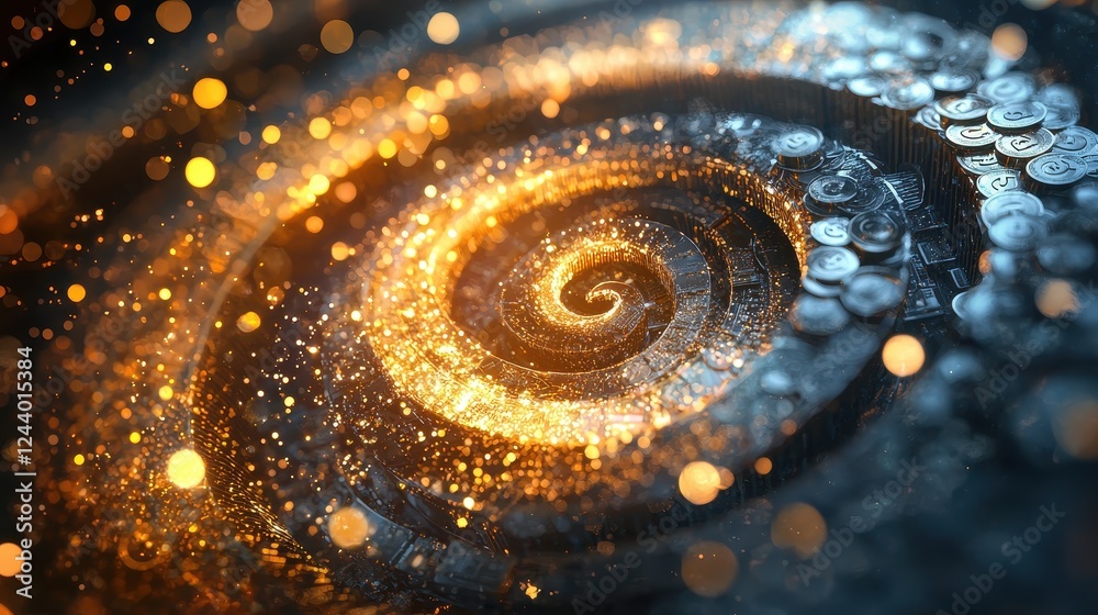 Poster abstract spiral pattern with gleaming golden particles and soft warm lights in a deep blue backgroun