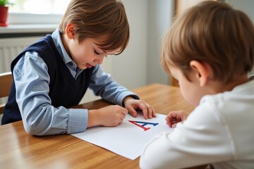 Naklejka premium Two Young Children Engaged in Creative Learning Activity with Colored Markers on Paper at a Brightly Lit Table in a Cozy Home Environment