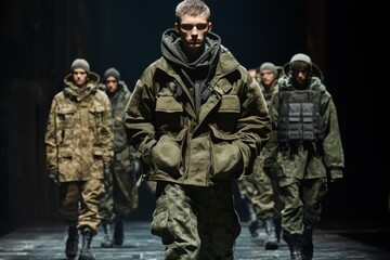 Fototapeta premium Models showcasing military-inspired fashion on a dimly lit runway