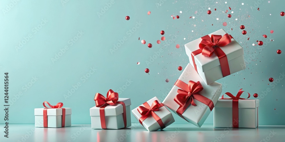 Wall mural Celebratory White Gift Boxes Falling with Red Ribbons and Festive Confetti