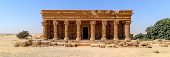 Fototapeta premium Majestic Ruins of an Ancient Egyptian Temple in the Desolate Desert Landscape Under a Clear Blue Sky