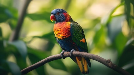 A Rainbow Lorikeet Perched on a Branch in Lush Greenery