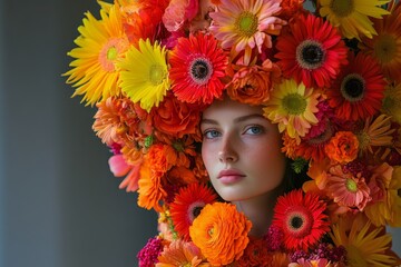 Woman's face surrounded by colorful flowers, creating a striking floral headpiece