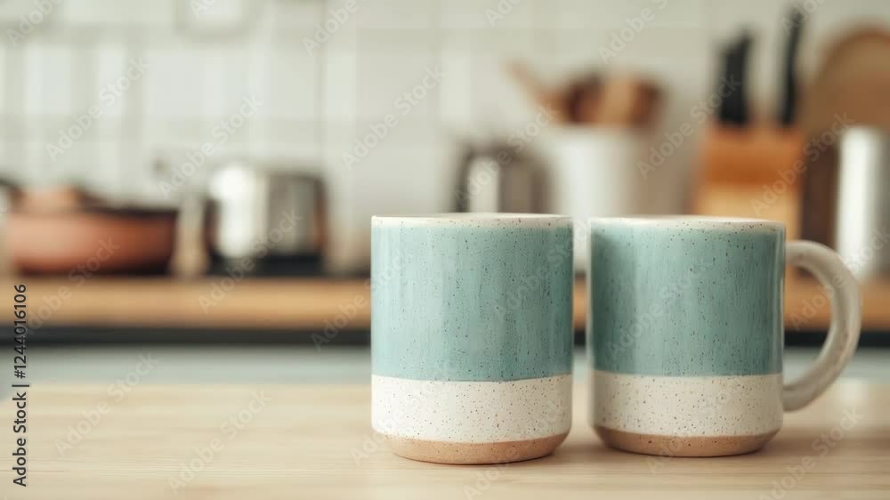 Aufkleber two empty ceramic mugs stand on a wooden table in a modern kitchen with blurred background appliance