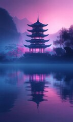 Obraz premium Mystical Pagoda Reflection A serene vista of an Asian temple in dreamy purple hues reflected on water
