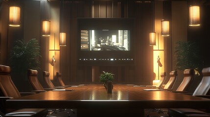 Luxurious Boardroom Featuring Modern Technology and Cityscape View