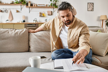 Handsome man concentrating on notes while wearing headphones in a cozy living room