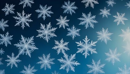 Una disposici&oacute;n caprichosa de cristales de hielo y copos de nieve sobre un fondo azul, que muestra un degradado del cer&uacute;leo claro al azul &iacute;ndigo intenso