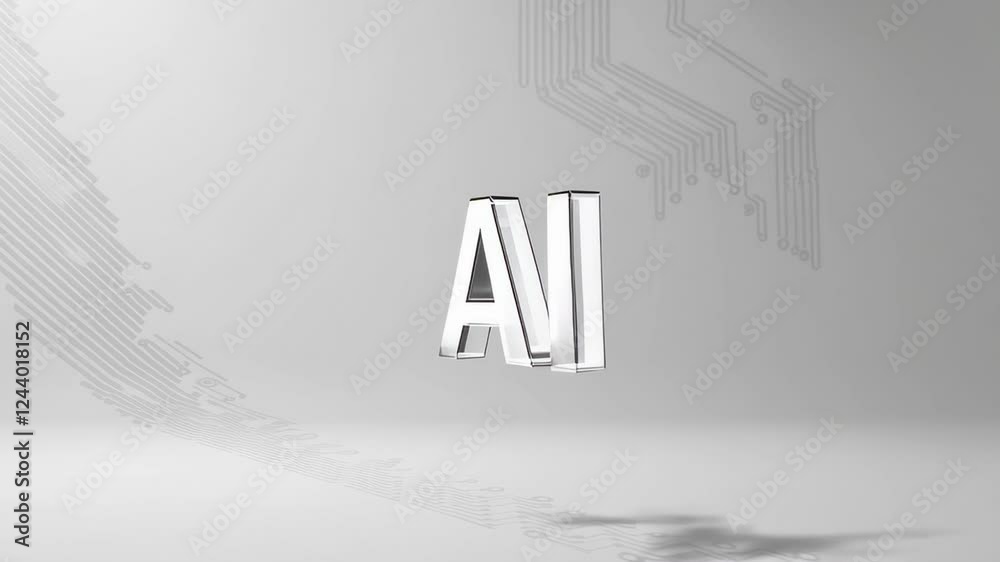 Poster Metallic artificial intelligence symbol rotating slowly on a white background with a circuit board pattern, perfect for projects related to ai, machine learning, and technological advancements