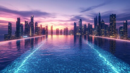 Obraz premium Luxury cityscape view with infinity pool reflecting skyline at dusk creating a serene atmosphere