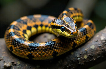 Fototapeta premium Snake closeup portrait, blurred background, selective focus