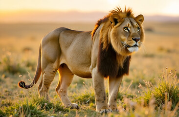 Naklejka premium Big lion walking in savannah, blurred background