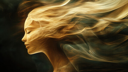 Woman With Flowing Hair Embodies Grace and Freedom in a Captivating Artistic Portrayal of Ethereal Beauty