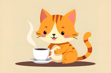 Cute ginger cat drinks his morning coffee