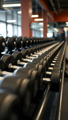 Obraz premium Rows of dumbbells for weight training in gym, detailed. with white shades