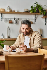 Focused man in casual attire engages with smartphone while seated at a cozy dining table