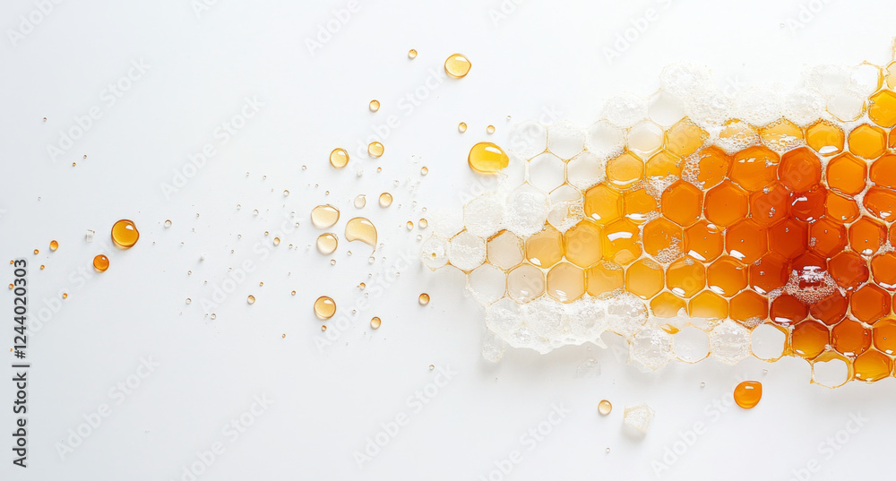 Poster droplets of honey scatter across a surface, merging with sections of honeycomb. the vibrant amber li