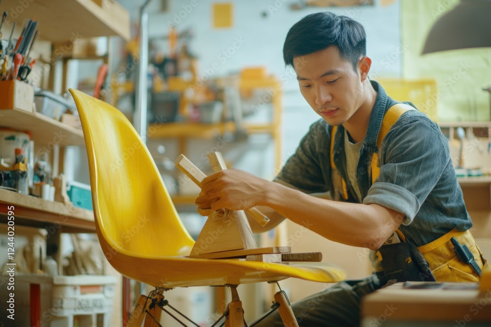 Poster a person fixes or creates something on a bright yellow chair in a workshop setting, possibly for diy
