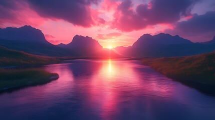 Vibrant sunset over mountain lake, calm waters reflecting colorful sky, peaceful landscape