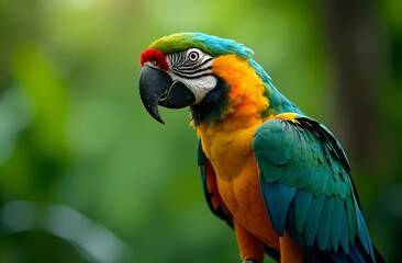 Close-up portrait of a parrot on a blurred background, shallow depth of field, selective focus.
