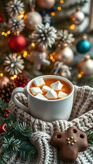 Warm cup of cocoa with marshmallows and chocolate cookies, christmas ornaments, cozy knitted sweater and fir branches on background of stylish christmas tree with golden lights. Winter mood, collage