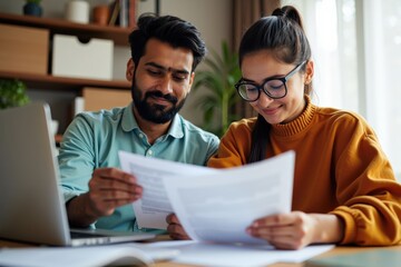 A Focused Collaborative Study Session Between a Young Man and Woman as They Review Documents Together at a Cozy Home Office Setting