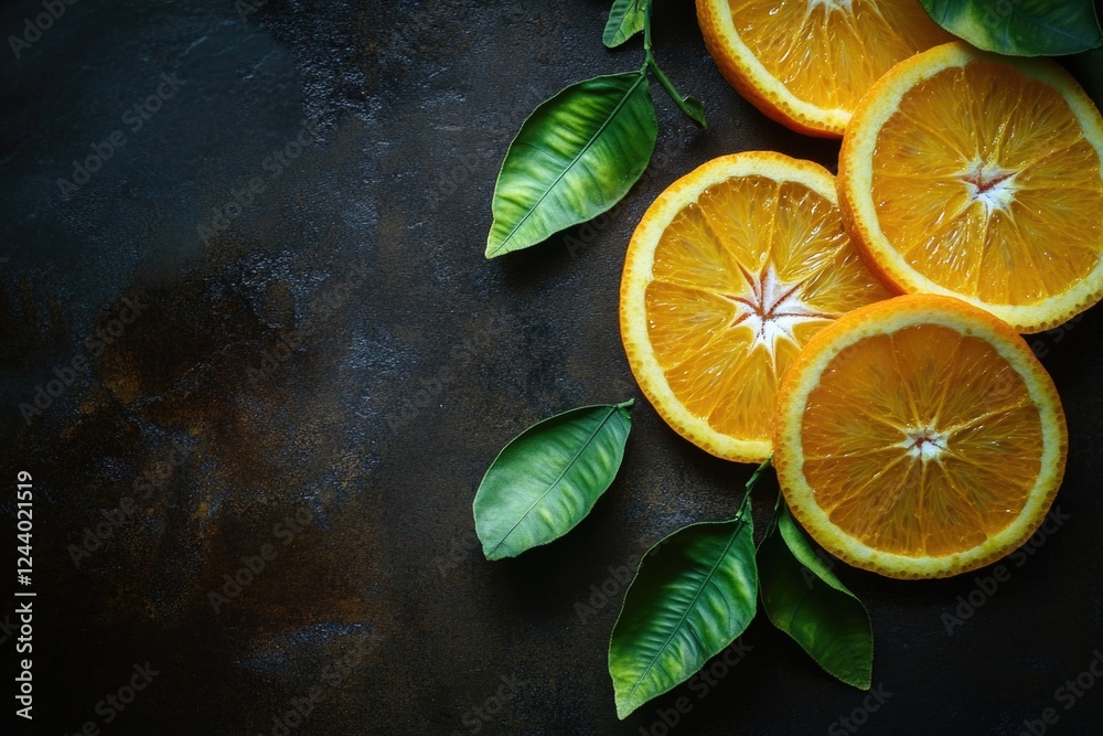 Poster fresh oranges with green leaves arranged on a table