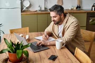 Fototapeta premium Handsomeness meets productivity in a cozy kitchen workspace