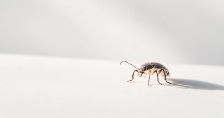 Close-up of a beetle on a light surface casting a shadow