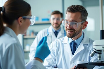 A Team of Scientists Collaborating in a Modern Laboratory Space, Engaging in Detailed Research and Discussion Over a Microscope and Samples
