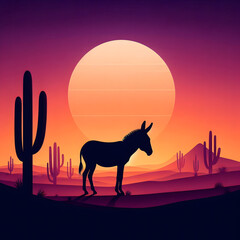 Naklejka premium Stylized silhouette of a donkey in a colorful desert landscape at sunset