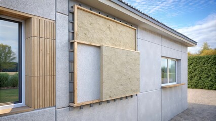 Modern Exterior Wall with Sustainable Insulation Panels and Wood Accents