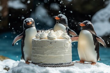 Fototapeta premium Three gentoo penguins enjoying a frosted cake in a snowy environment, possibly celebrating a special occasion