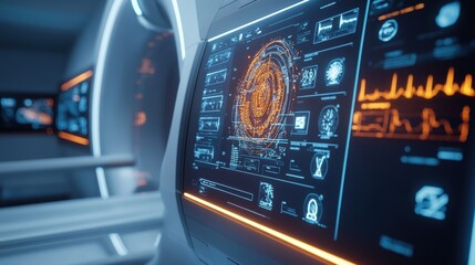 Fototapeta premium A closeup of an MRI scanner with a glowing interface panel featuring icons representing AI functions such as image enhancement and predictive modeling. The scanners sleek design contrasts
