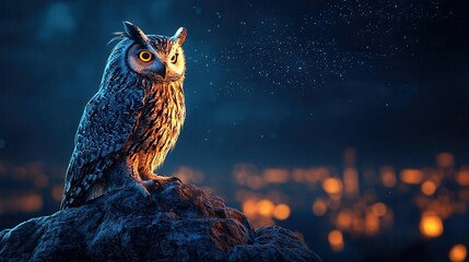 Biomechanical owl camouflaged against a glowing cybernetic wall, silent observer, 3D illustration