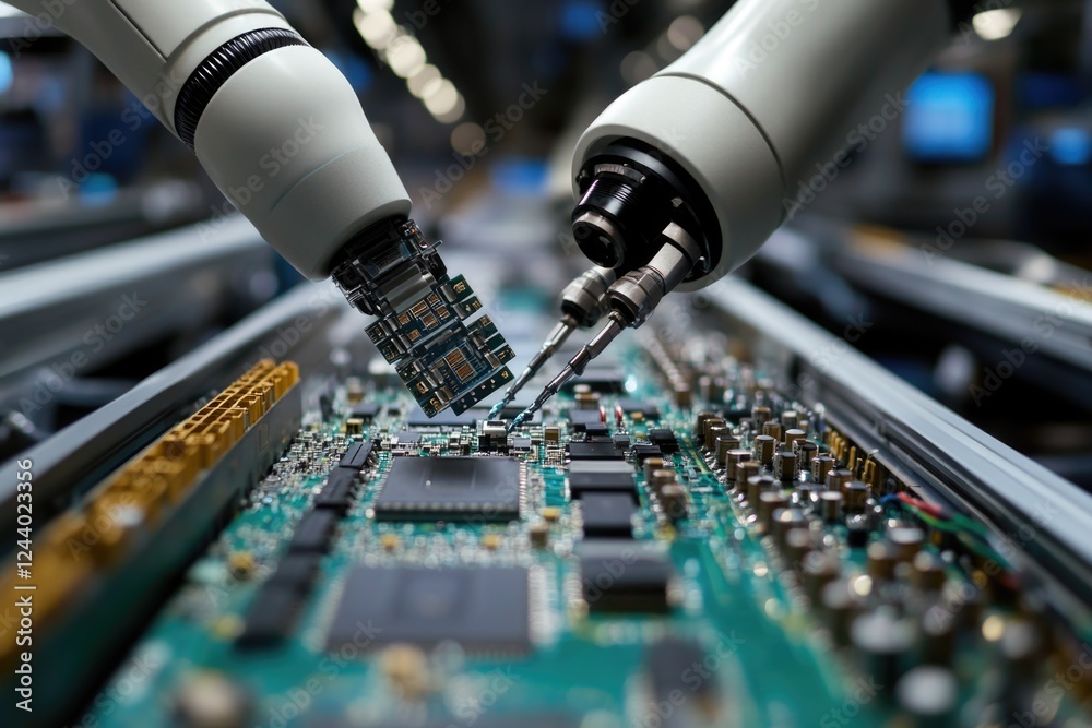Poster a close-up shot of a machine working on a circuit board, suitable for tech-related projects or illus