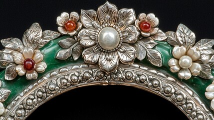 Obraz premium Silver ornate frame with pearls, gemstones, and green stone