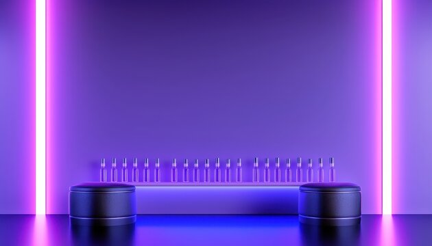 A modern bar scene with illuminated bottles in vibrant purple light, creating a stylish and alluring atmosphere.
