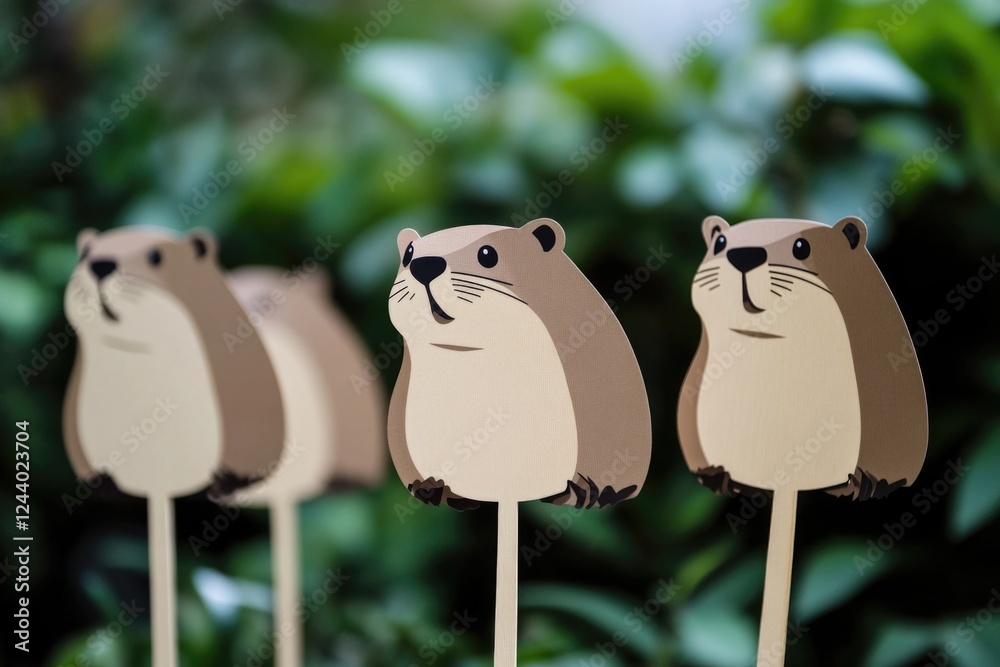 Aufkleber a group of paper animals perched on top of a wooden stick, ideal for use in educational or creative 