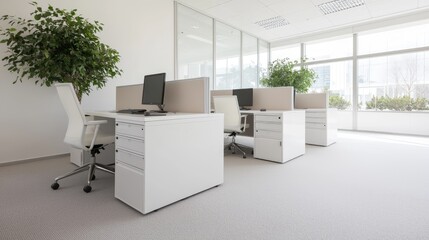Modern office workspace with plants, bright windows, and desks