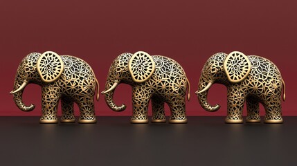 Three golden ornate elephants, dark background, decorative art