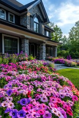 Colorful petunias blooming in a lush garden in front of a beautiful suburban house on a sunny summer day