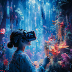 Immersive virtual reality experience enchanted underwater garden digital art fantasy world close-up view nature and technology fusion