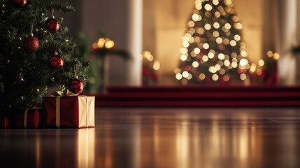A Christmas tree with gifts in front of it