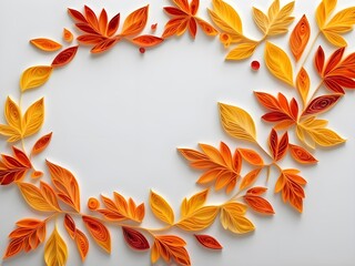 Warm orange and yellow quilling patterns shaped like falling autumn leaves, with soft shadows for depth. With space for text.
