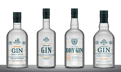 Vector gin labels and gin glass bottle mockups