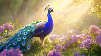 Fototapeta premium A blue peacock is standing in a garden