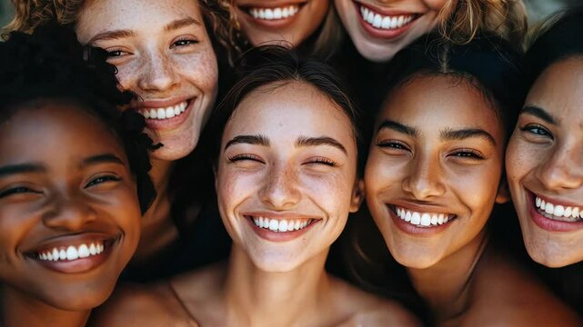 Joyful group of smiling friends celebrating diversity and friendship in closeup portrait