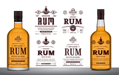 Vector spiced rum minimalistic labels and rum glass bottle mockups