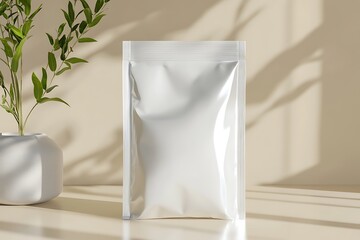 Elegant White Pouch Mockup Minimalist Design with Plant Shadows for a Natural Product Presentation